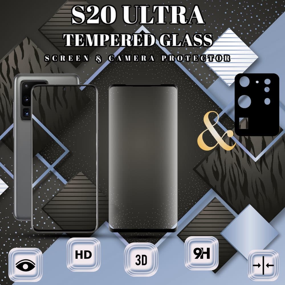 1-Pack Samsung S20 Ultra Skärmskydd & 1-Pack linsskydd - Härdat Glas 9H - Super kvalitet 3D
