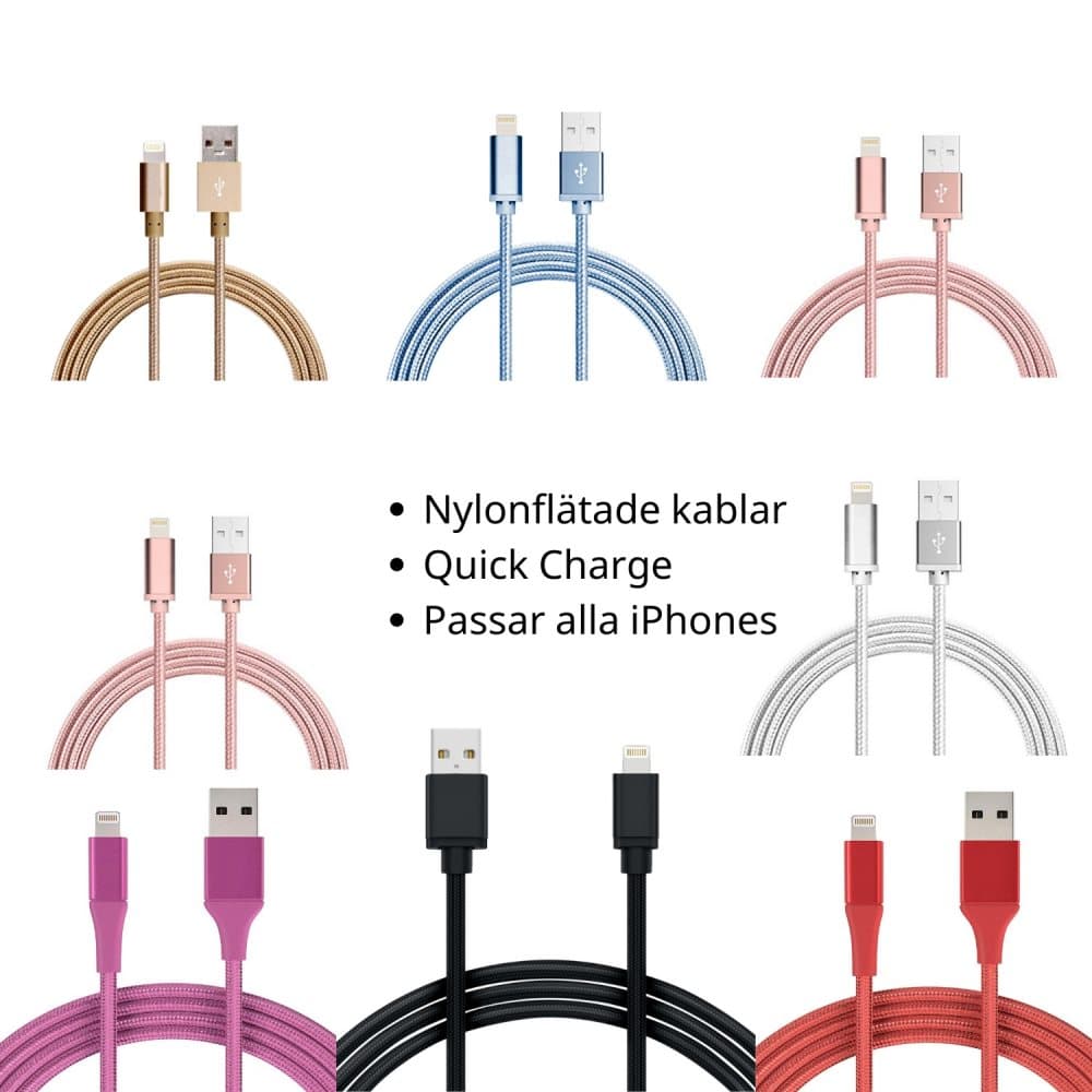 2M Kabel iPhone Laddare Nylon Quick Charge Flera Färger