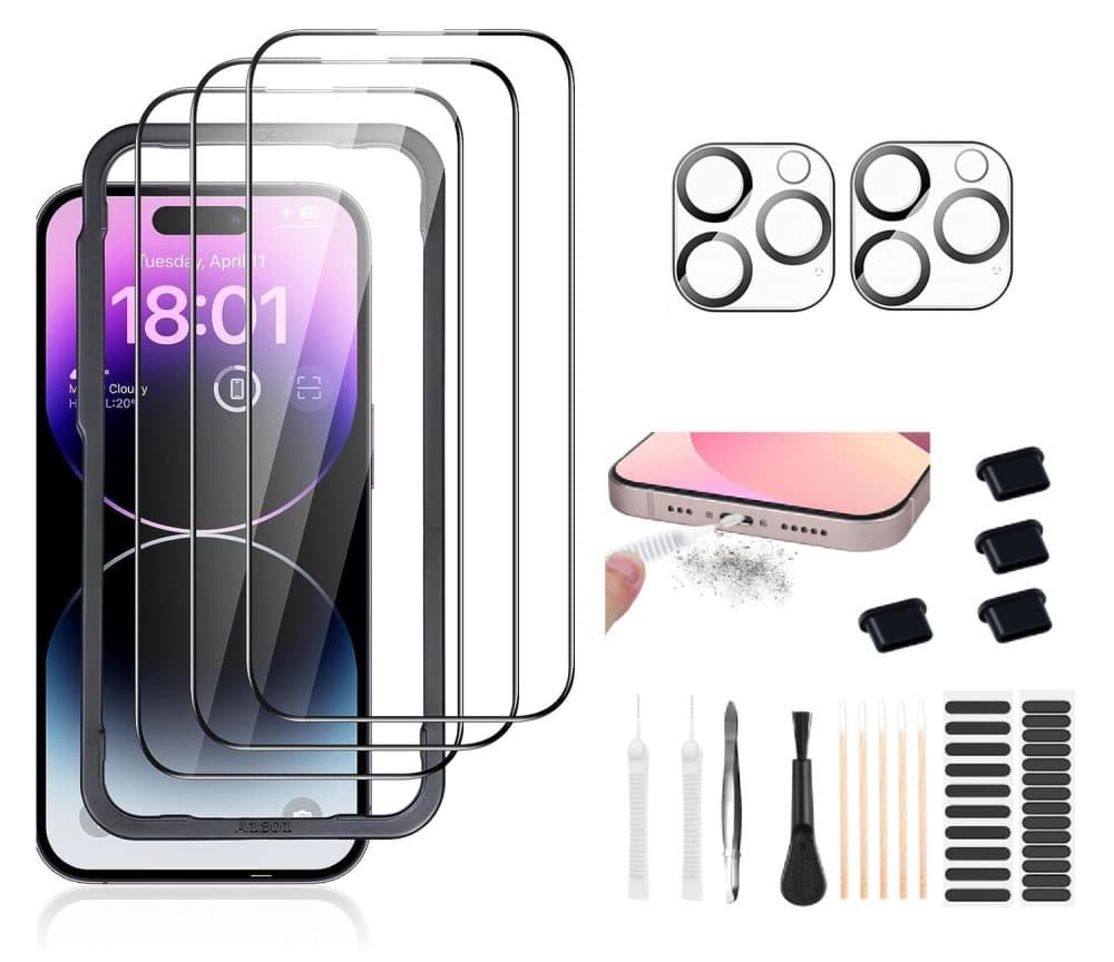 6-Pack iPhone 15 Pro Max Härdat Glas Skärmskydd Linsskydd Rengöring