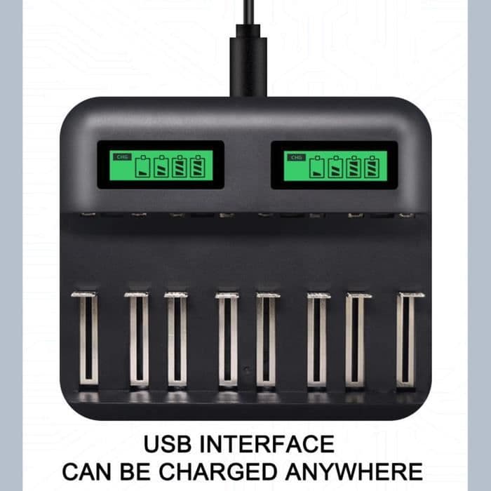 8 platser Laddare AA AAA Batterier C D Uppladdningsbart batteri, LCD Multifunktion Smart USB batteriladdare