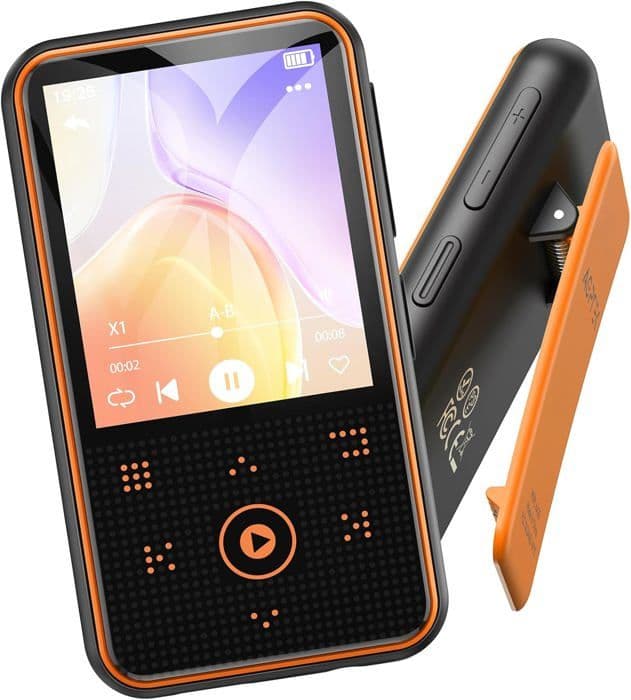 AGPTEK 64GB Bluetooth 5-3 MP3-spelare med klämma, 1,8 tums HiFi-sportmusikspelare med FM-radio/stegräknare/inspelare - Orange