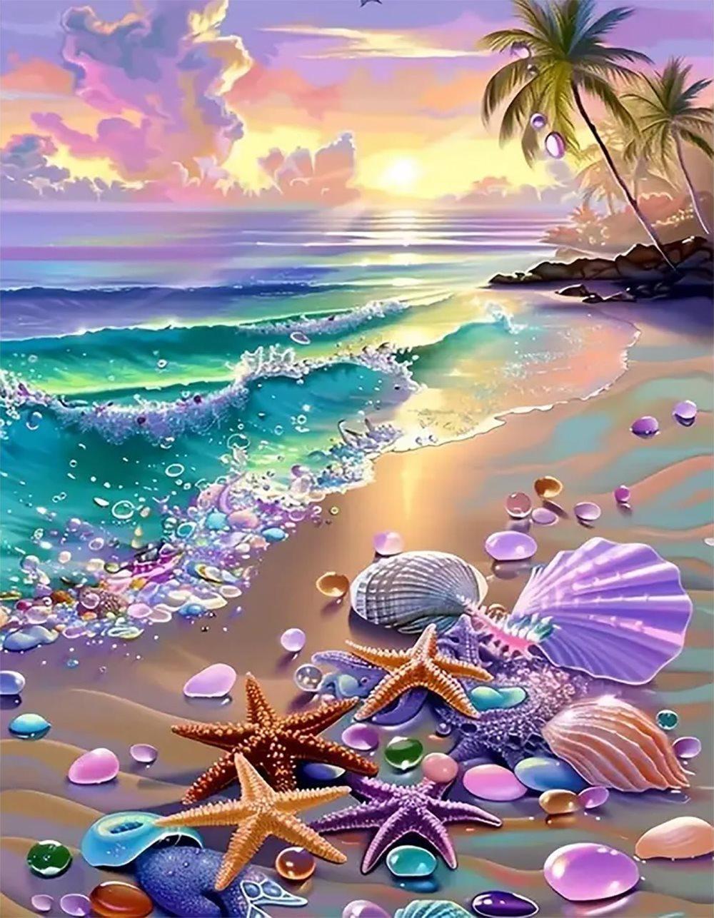 Bomclap Diamond Painting – DIY 5D Diamantmålning, 30x40cm, Färgsprakande Strandscen med Hav, Skalor och Stjärnkatter