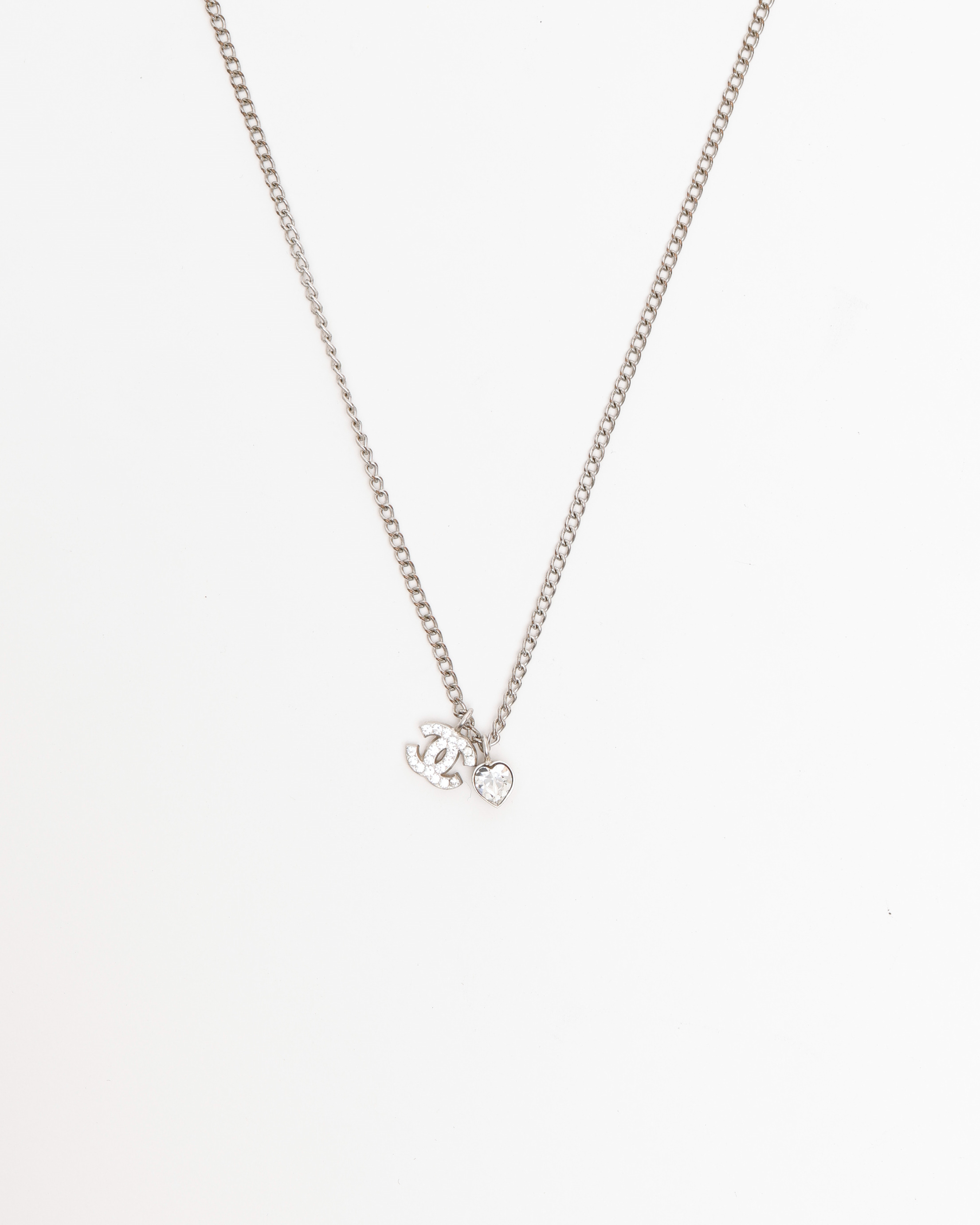 CHANEL Coco Mark Heart Rhinestone Silver Necklace
