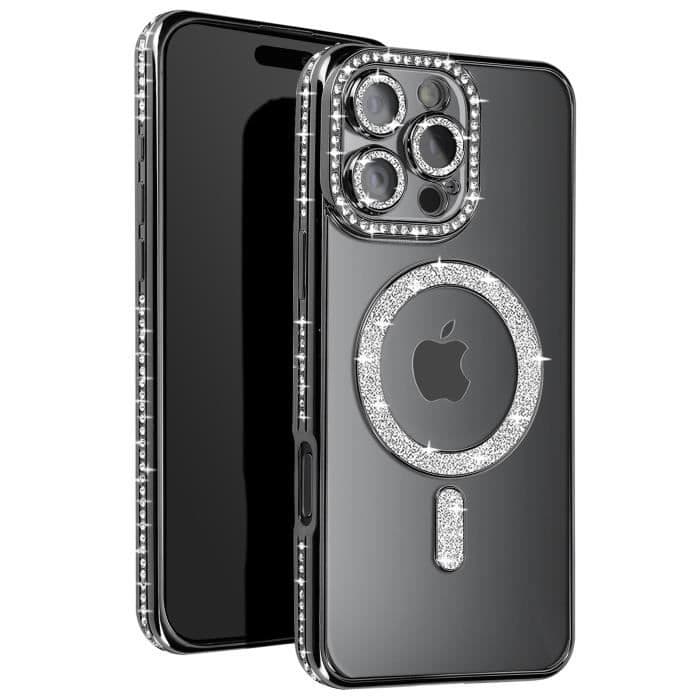 Coque Diamant för iPhone 16 Pro MagSafe-skydd Kontur Strass Svart