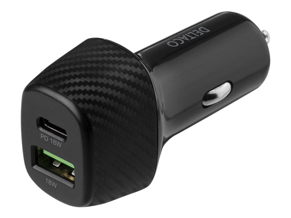 DELTACO USBC-CAR120 - Strömadapter för bil - 36 Watt - 3 A - PD - 2 utdatakontakter (USB, 24 pin USB-C) - svart