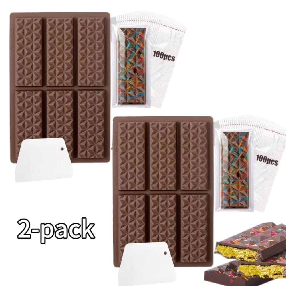 Denna chokladform inkluderar chokladplattor, djupa chokladplattor i silikonform, samt en skrapa och påse