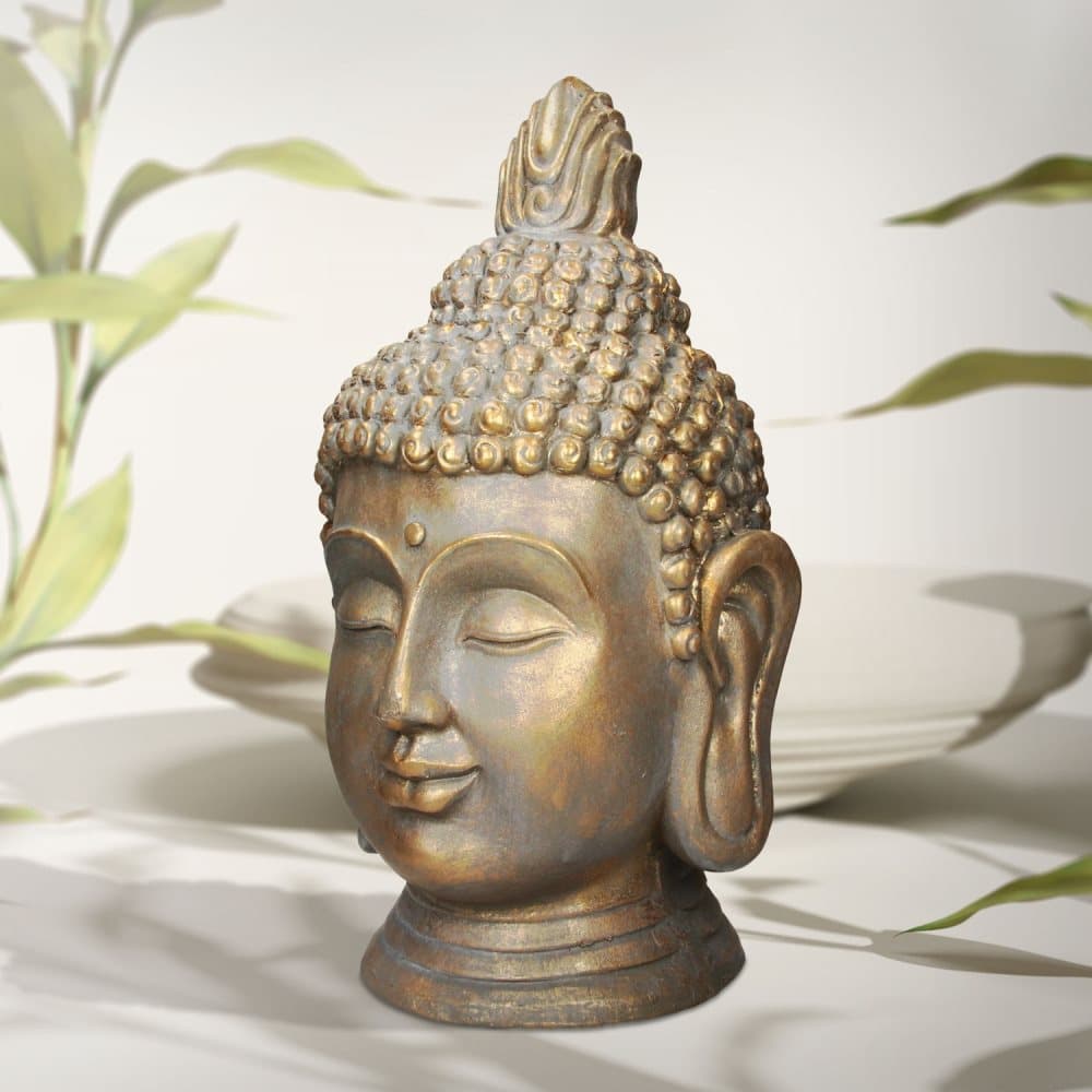 ECD Germany Buddhahuvudstaty 53 cm - gjord av polyresin - bronslook - för yoga, Feng Shui eller meditationsrum - hus, lägenhet och trädgård - inomhus