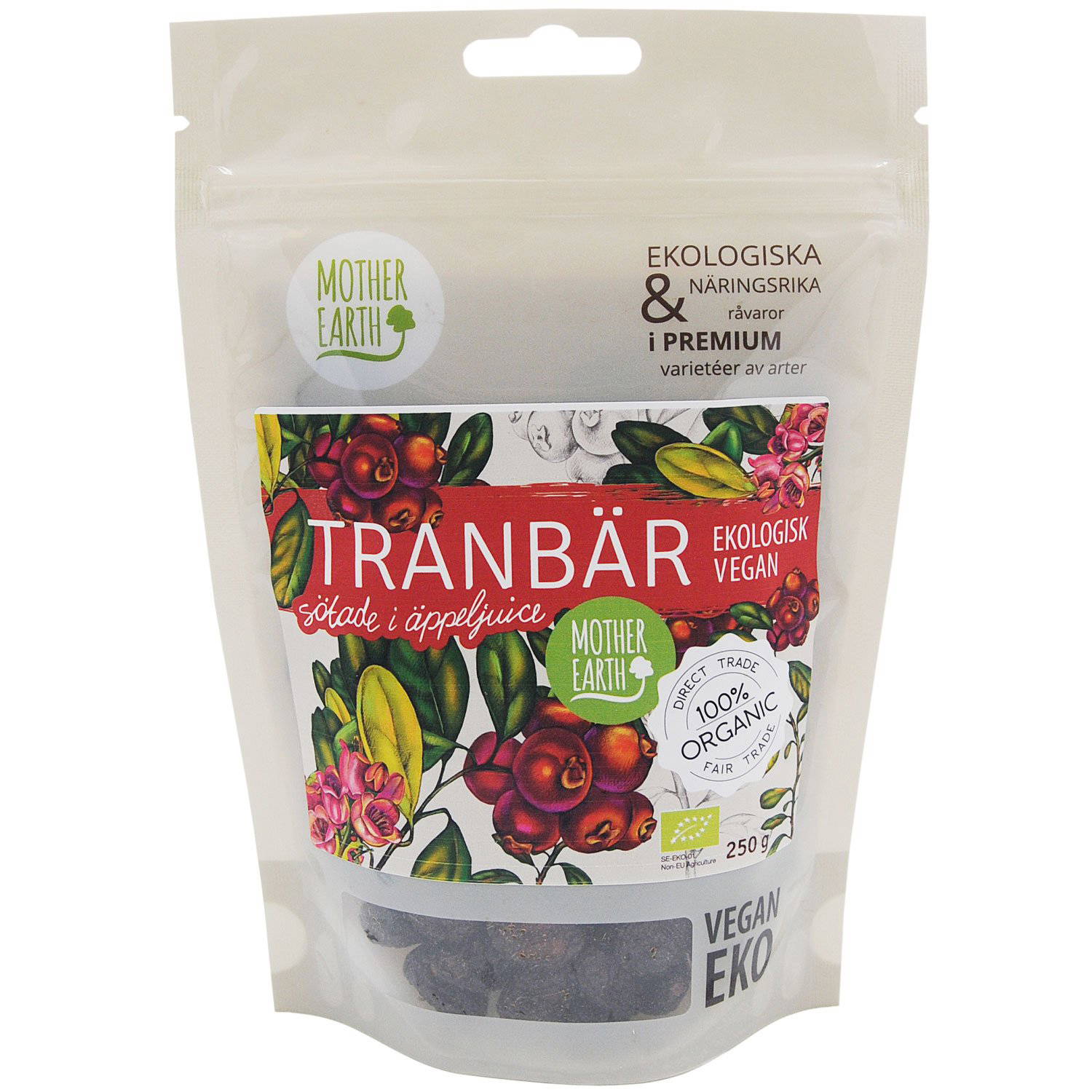 Ekologiska Tranbär sötade i äppeljuice 250 gram