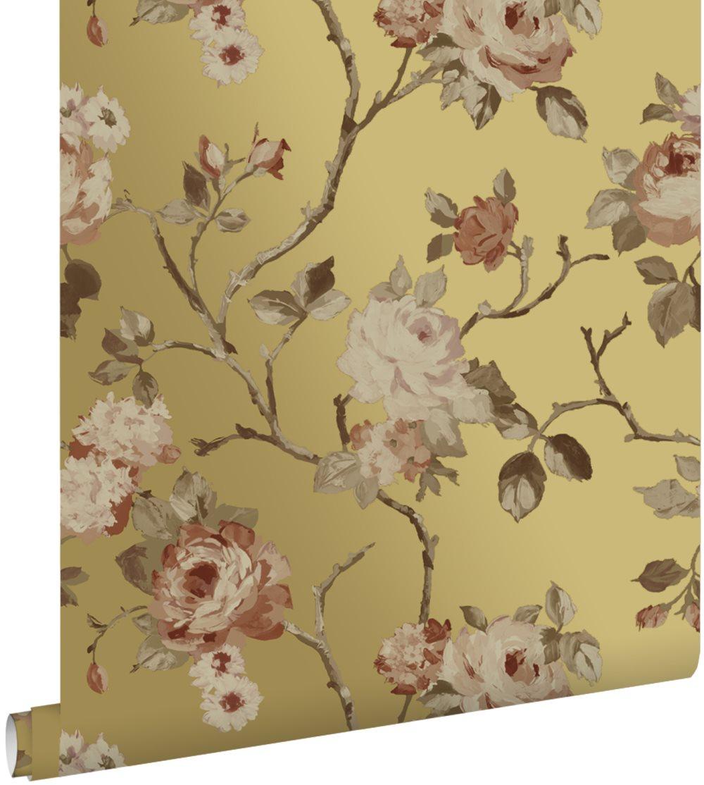 ESTAhome tapet vintage blommor guld och terrakotta rosa 0-53 x 10-05 m