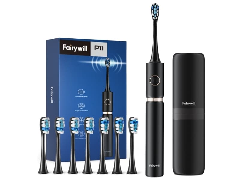 Fairywill P11, Vuxen, Ultraljudstandborste, 62000 rörelser per minut, Svart, 2 min, 30 sec, Batteri