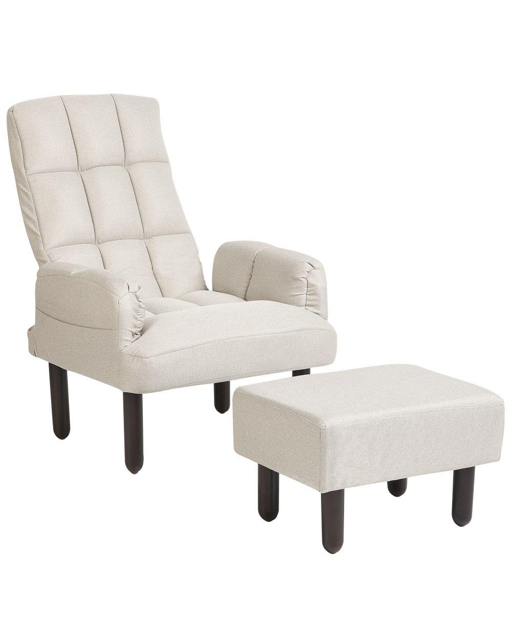 Fåtölj Beige Linne 65L x 65W x 94H cm Ottoman Vadderade Träben