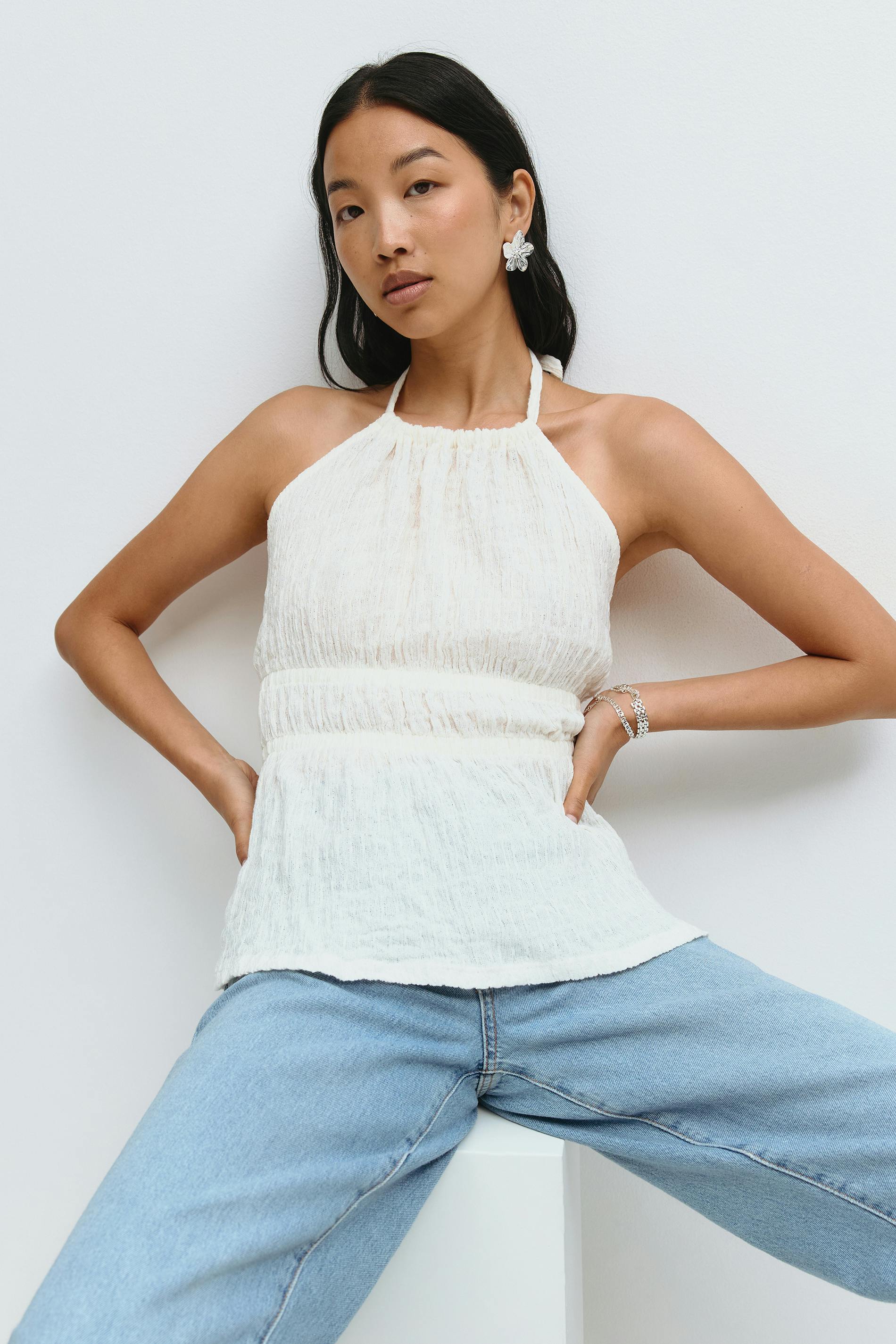 Gina Tricot - Halterneck tie top - linnen - Vit - L - Dam