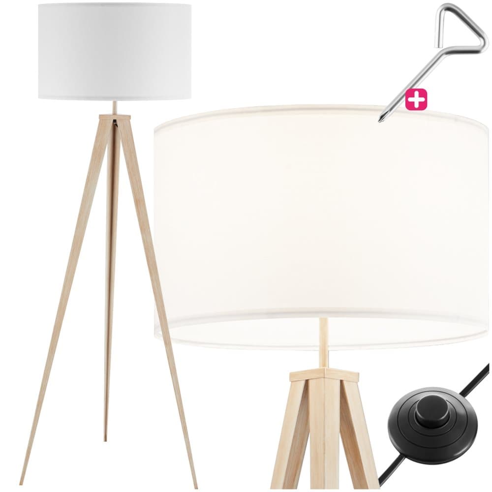 Golvlampa Lunaris, textilskärm, trebensstativ - ek